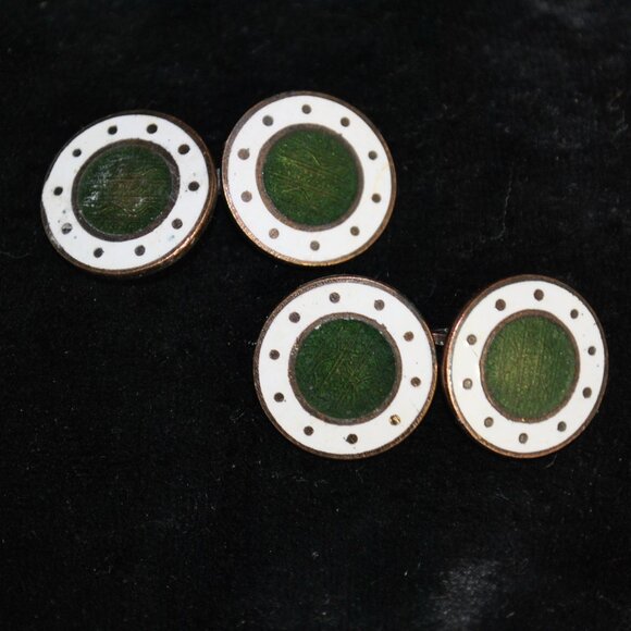 Antique Round White & Green Guilloche Enamel 